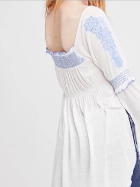 Free People White Off-Shoulder Tunic with Light Blue Embroidery